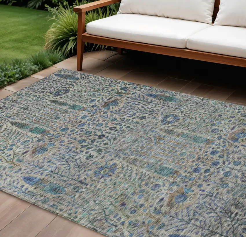 Brown And Teal Blue Floral Washable Indoor Outdoor Area Rug Photo 2