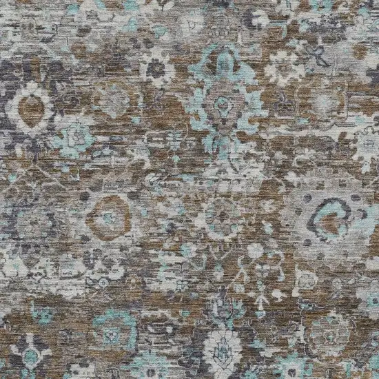Brown And Teal Blue Floral Washable Indoor Outdoor Area Rug Photo 2