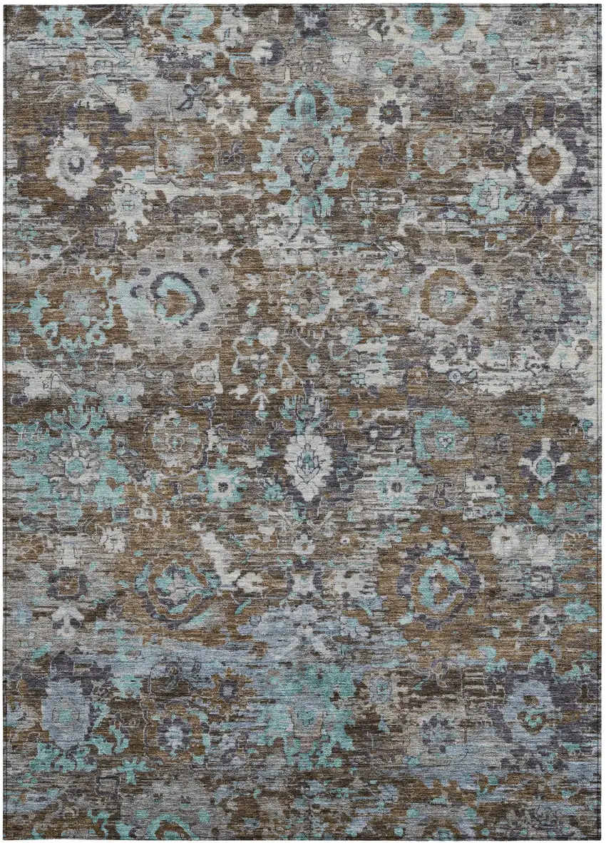 Brown And Teal Blue Floral Washable Indoor Outdoor Area Rug Photo 3