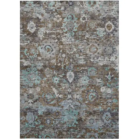 Brown And Teal Blue Floral Washable Indoor Outdoor Area Rug Photo 3