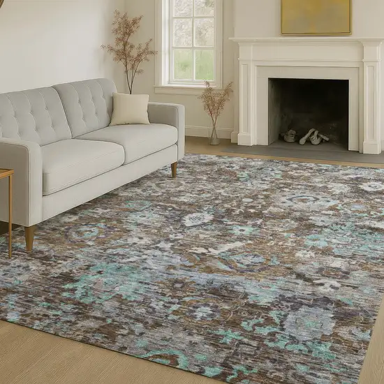Brown And Teal Blue Floral Washable Indoor Outdoor Area Rug Photo 6