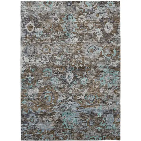Brown And Teal Blue Floral Washable Indoor Outdoor Area Rug Photo 1