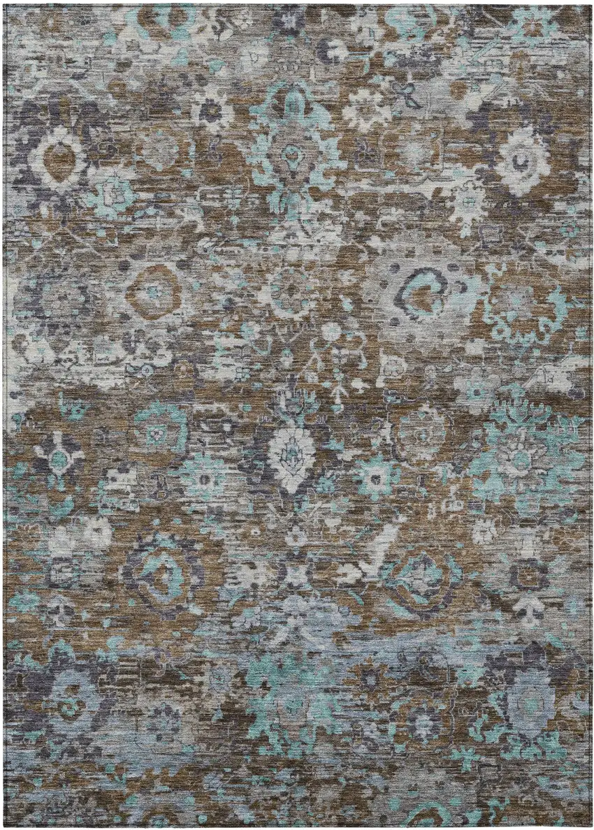 Brown And Teal Blue Floral Washable Indoor Outdoor Area Rug Photo 1
