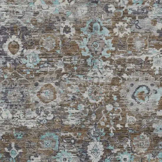 Brown And Teal Blue Floral Washable Indoor Outdoor Area Rug Photo 2