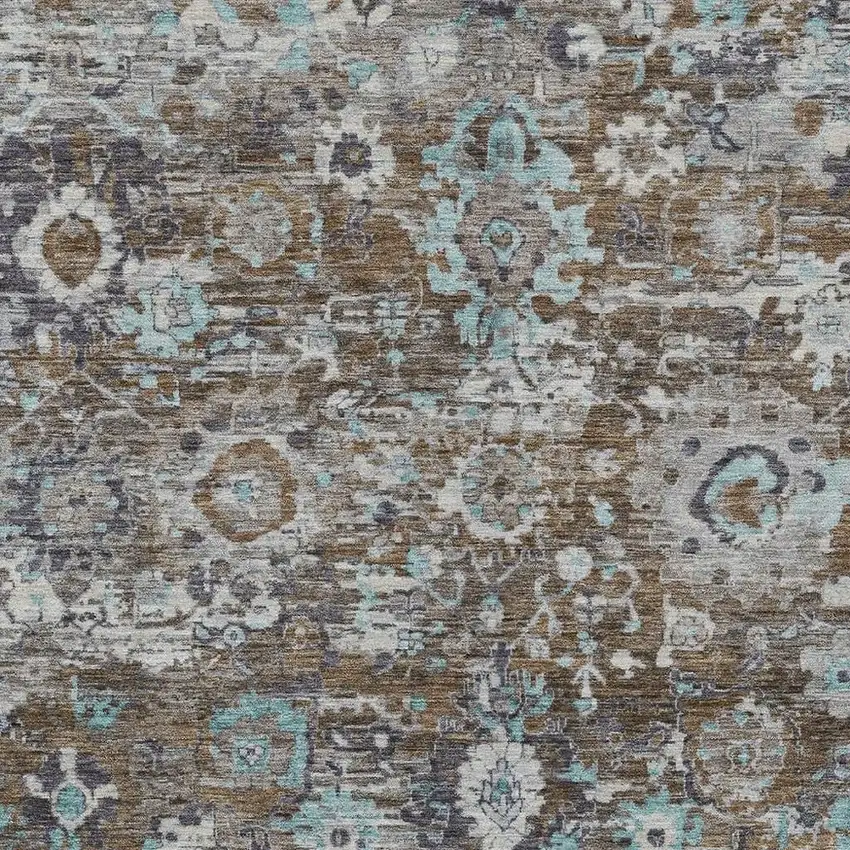 Brown And Teal Blue Floral Washable Indoor Outdoor Area Rug Photo 2