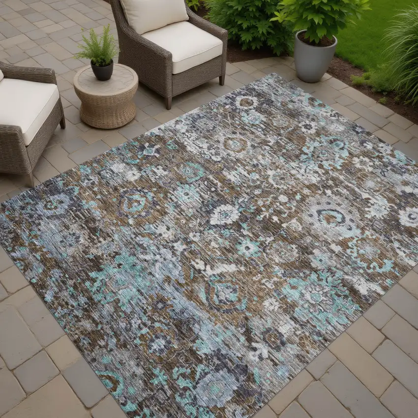 Brown And Teal Blue Floral Washable Indoor Outdoor Area Rug Photo 7