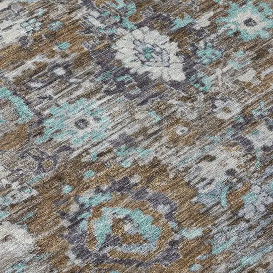 Brown And Teal Blue Floral Washable Indoor Outdoor Area Rug Photo 9
