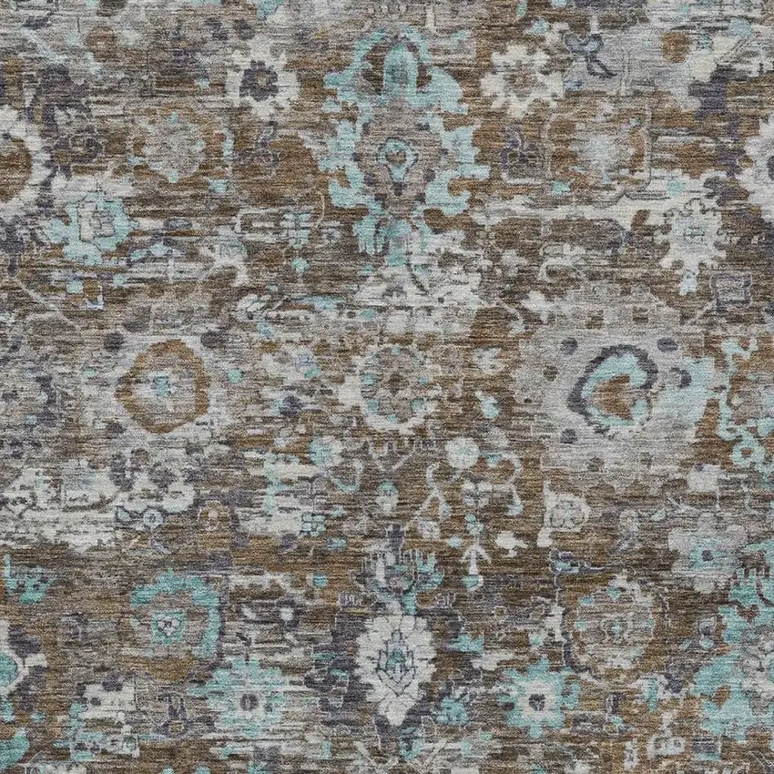 Brown And Teal Blue Floral Washable Indoor Outdoor Area Rug Photo 2