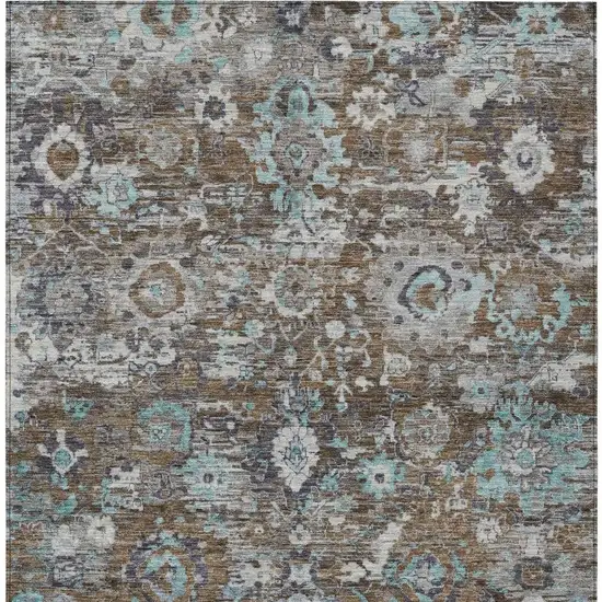 Brown And Teal Blue Floral Washable Indoor Outdoor Area Rug Photo 3