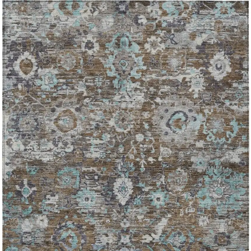 Brown And Teal Blue Floral Washable Indoor Outdoor Area Rug Photo 3