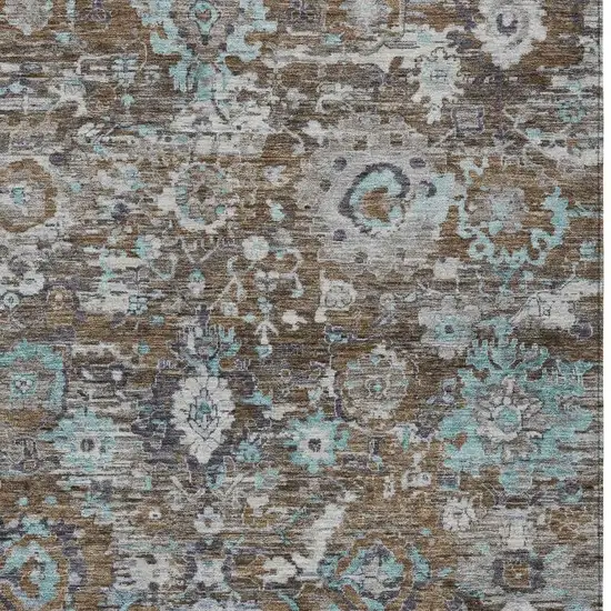 Brown And Teal Blue Floral Washable Indoor Outdoor Area Rug Photo 2