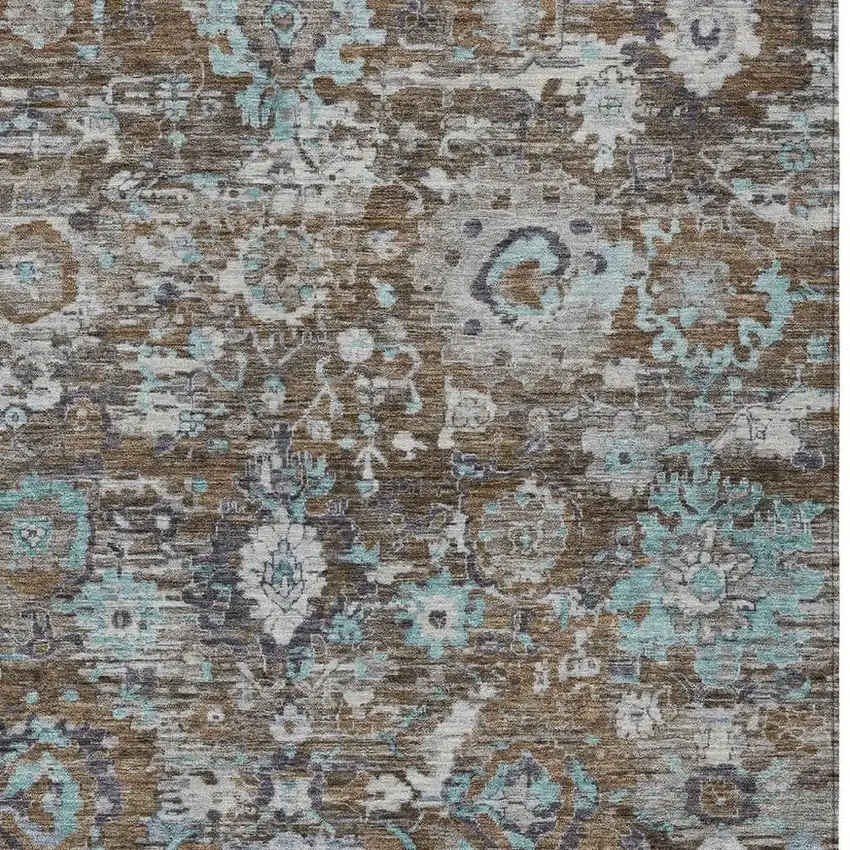 Brown And Teal Blue Floral Washable Indoor Outdoor Area Rug Photo 2