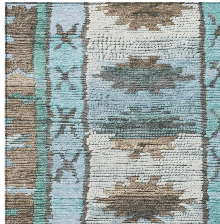 Brown And Teal Blue Tribal Washable Indoor Outdoor Area Rug Photo 9
