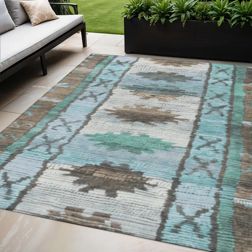 Brown And Teal Blue Tribal Washable Indoor Outdoor Area Rug Photo 2