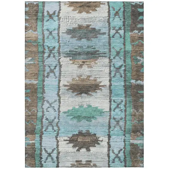 Brown And Teal Blue Tribal Washable Indoor Outdoor Area Rug Photo 1