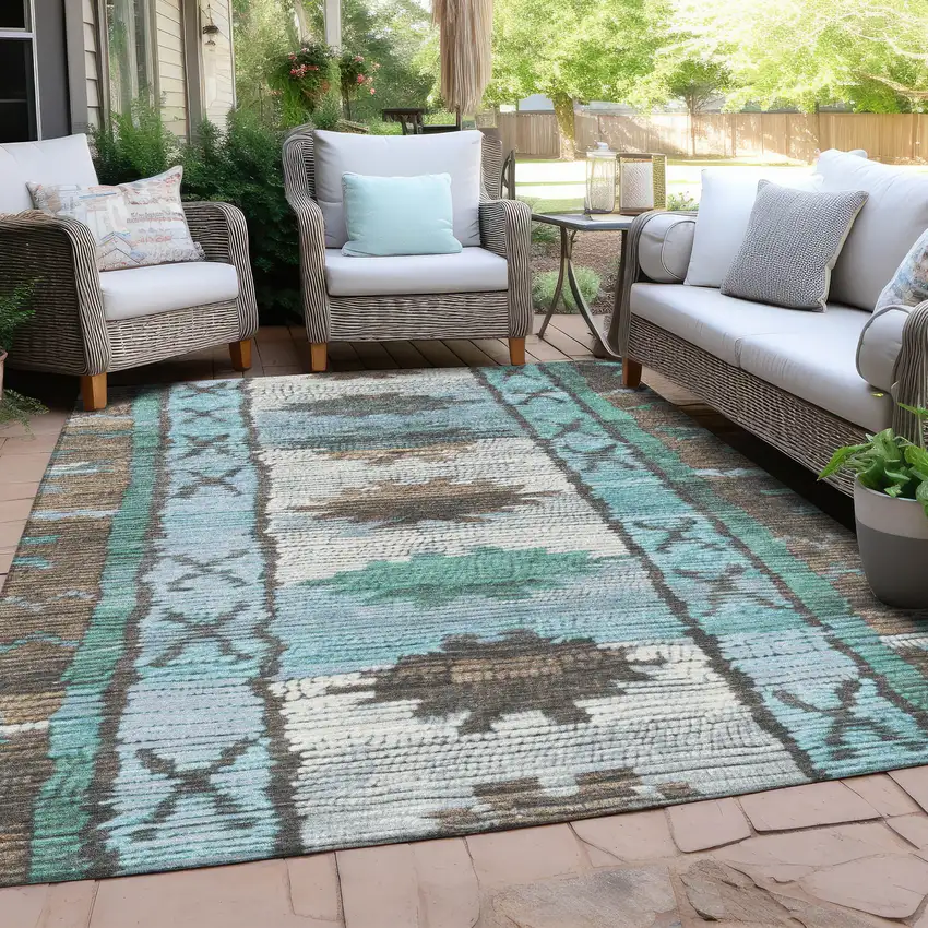 Brown And Teal Blue Tribal Washable Indoor Outdoor Area Rug Photo 5