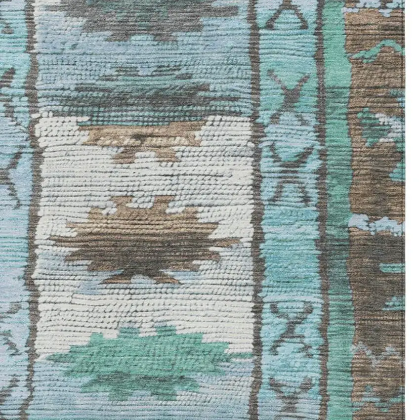 Brown And Teal Blue Tribal Washable Indoor Outdoor Area Rug Photo 6