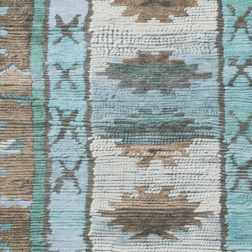 Brown And Teal Blue Tribal Washable Indoor Outdoor Area Rug Photo 3
