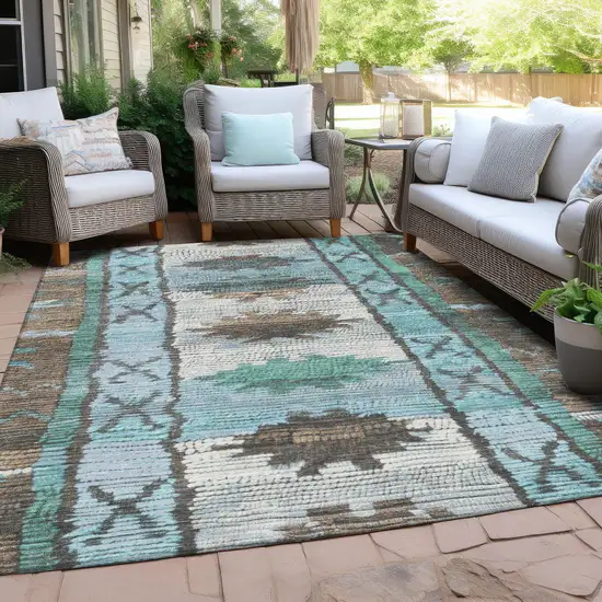 Brown And Teal Blue Tribal Washable Indoor Outdoor Area Rug Photo 5
