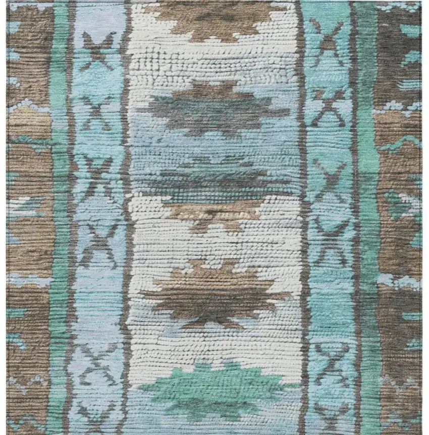 Brown And Teal Blue Tribal Washable Indoor Outdoor Area Rug Photo 3