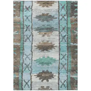 Photo of Brown And Teal Blue Tribal Washable Indoor Outdoor Area Rug