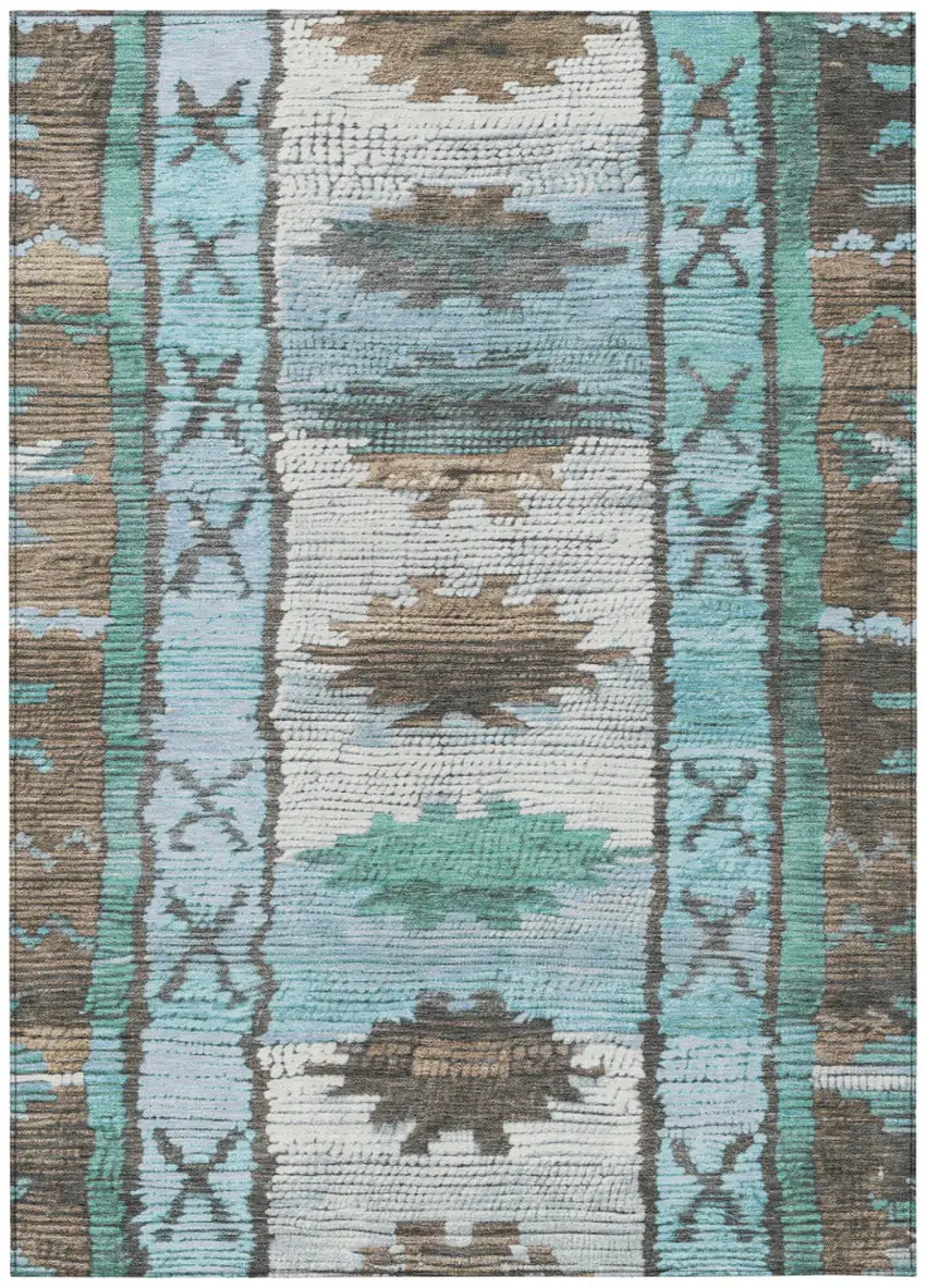 Brown And Teal Blue Tribal Washable Indoor Outdoor Area Rug Photo 1