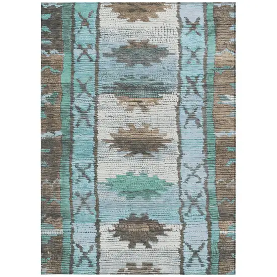 Brown And Teal Blue Tribal Washable Indoor Outdoor Area Rug Photo 3