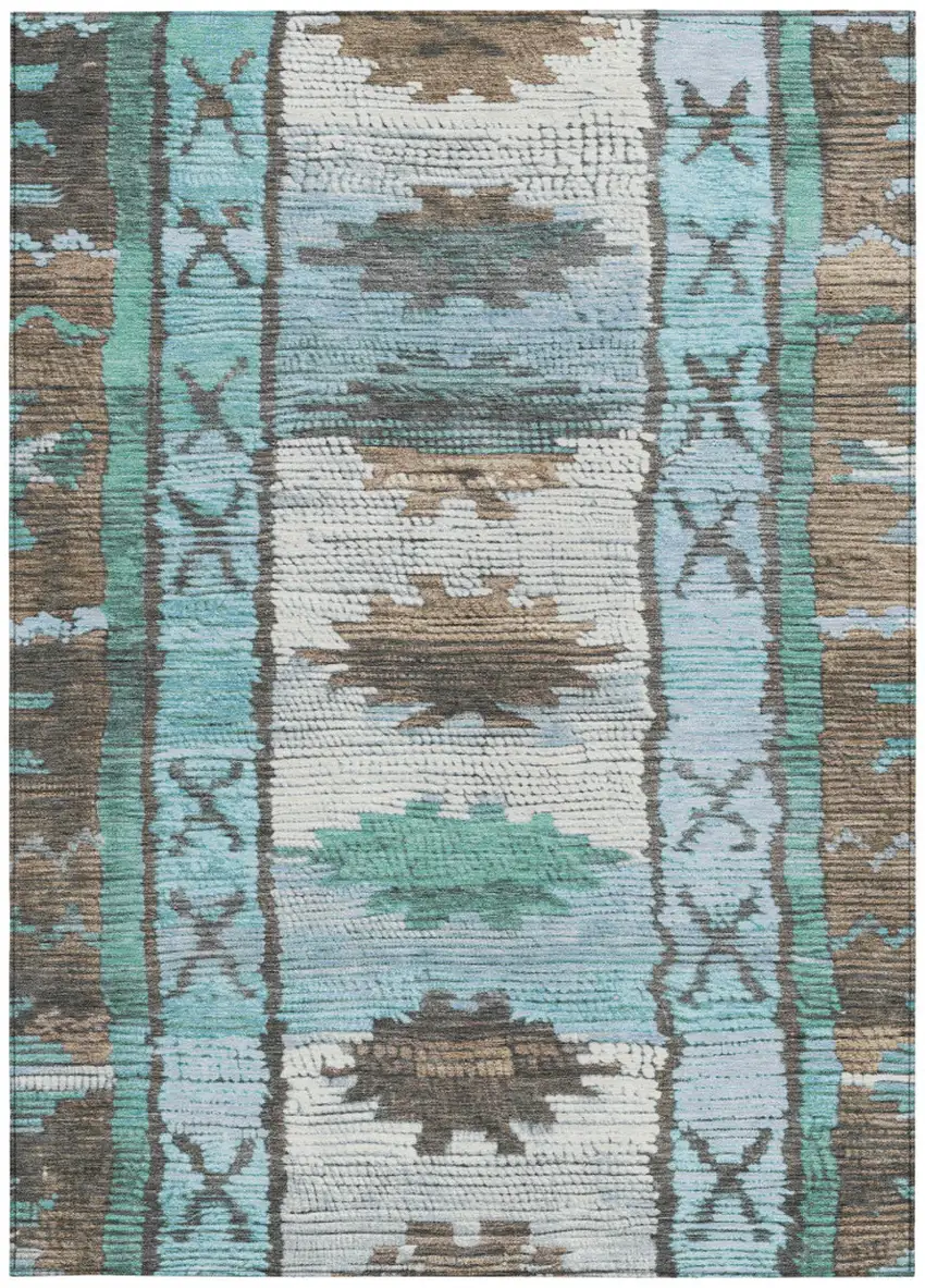 Brown And Teal Blue Tribal Washable Indoor Outdoor Area Rug Photo 3