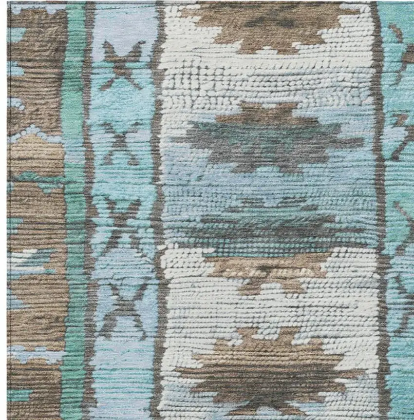 Brown And Teal Blue Tribal Washable Indoor Outdoor Area Rug Photo 9