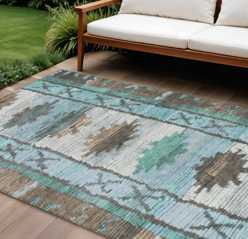 Brown And Teal Blue Tribal Washable Indoor Outdoor Area Rug Photo 2