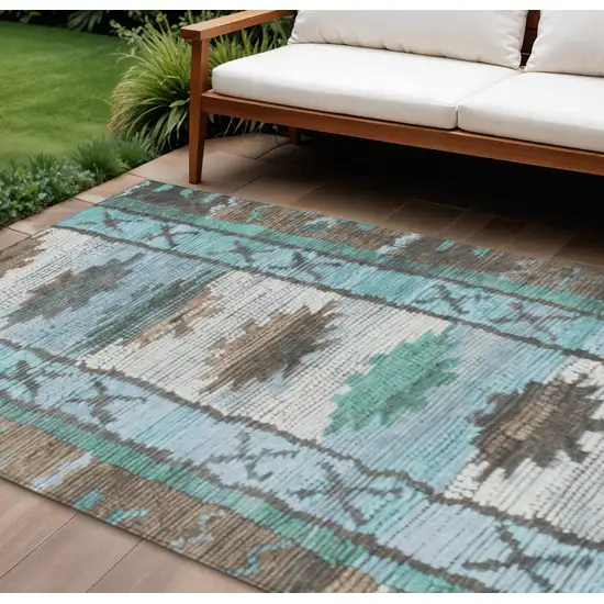 Brown And Teal Blue Tribal Washable Indoor Outdoor Area Rug Photo 2