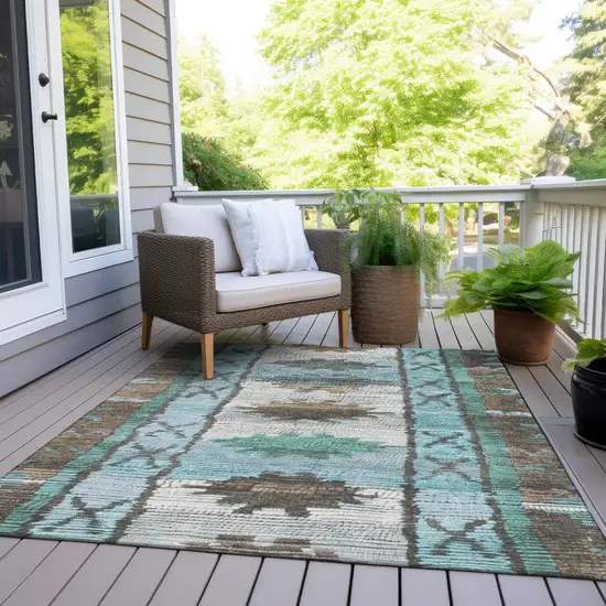 Brown And Teal Blue Tribal Washable Indoor Outdoor Area Rug Photo 8