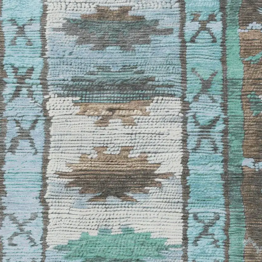 Brown And Teal Blue Tribal Washable Indoor Outdoor Area Rug Photo 3