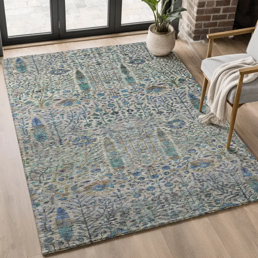 Brown And Teal Floral Vines Washable Area Rug With UV Protection Photo 5