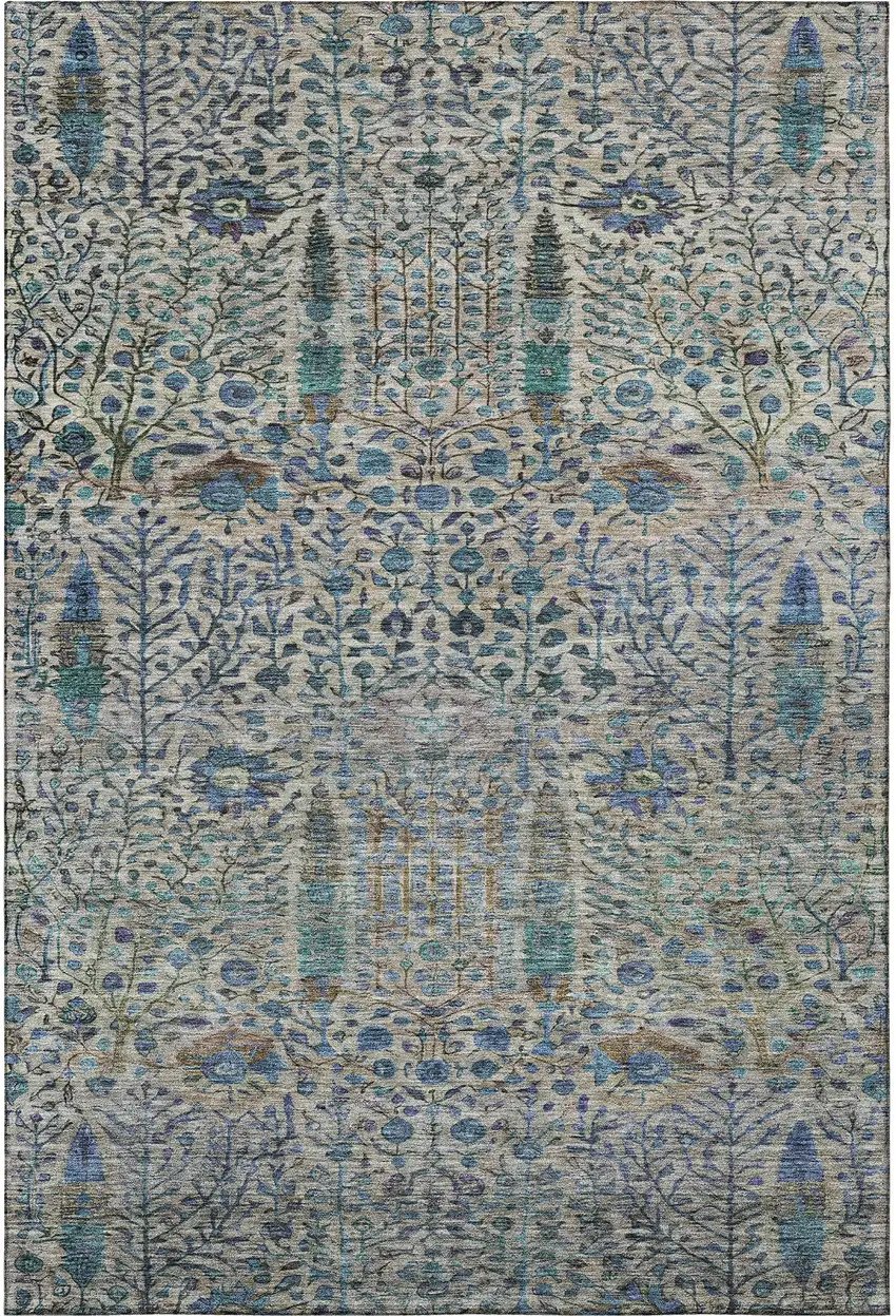 Brown And Teal Floral Vines Washable Area Rug With UV Protection Photo 4