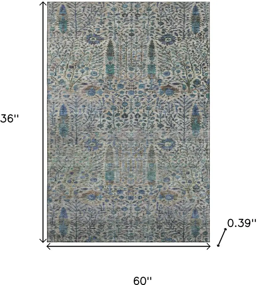 Brown And Teal Floral Vines Washable Area Rug With UV Protection Photo 9