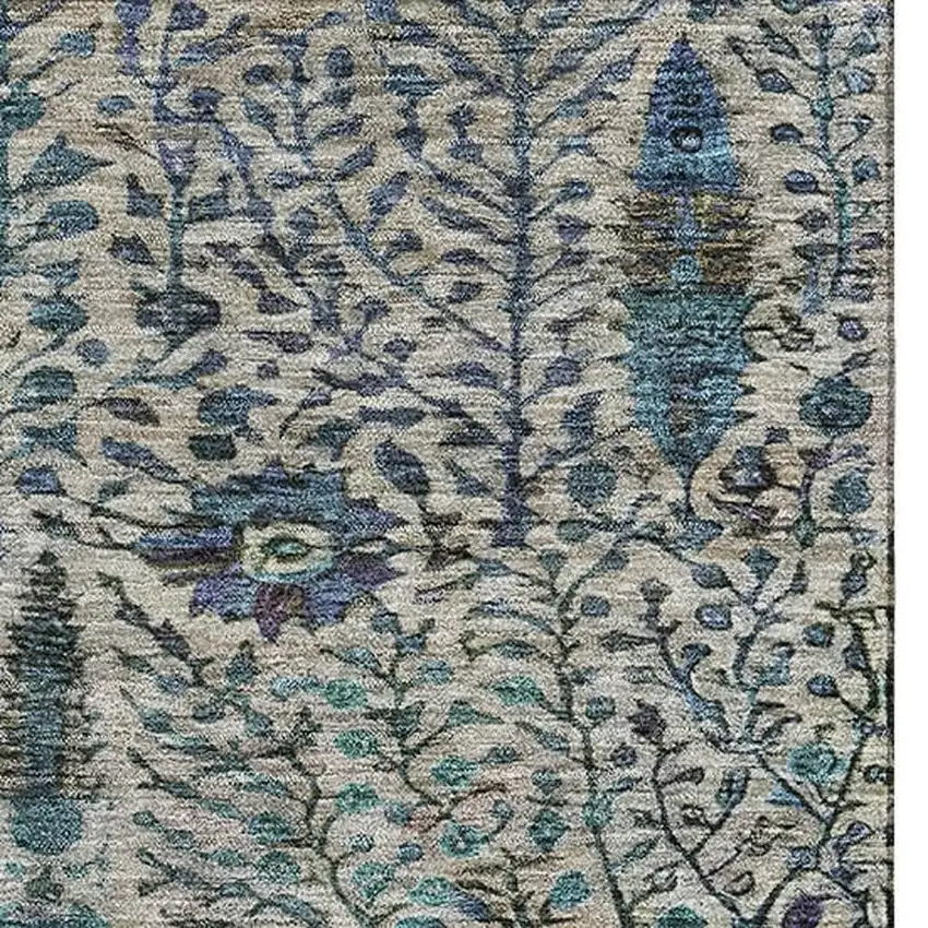 Brown And Teal Floral Vines Washable Area Rug With UV Protection Photo 4