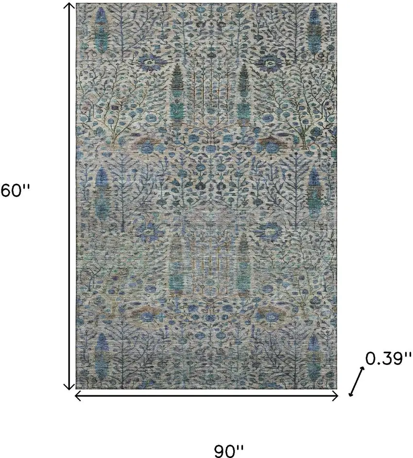 Brown And Teal Floral Vines Washable Area Rug With UV Protection Photo 9