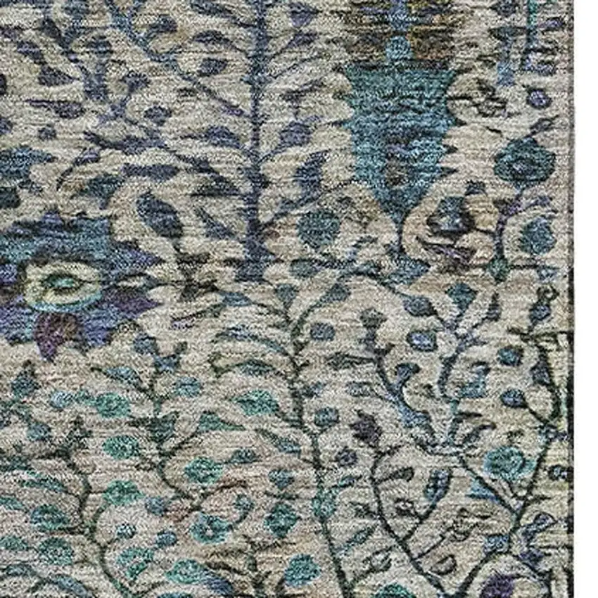 Brown And Teal Floral Vines Washable Area Rug With UV Protection Photo 3