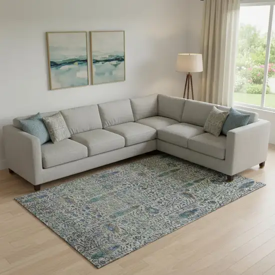 Brown And Teal Floral Vines Washable Area Rug With UV Protection Photo 2