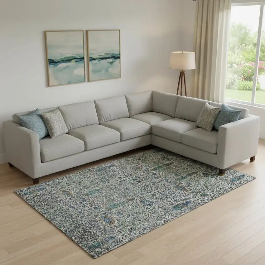 Brown And Teal Floral Vines Washable Area Rug With UV Protection Photo 2