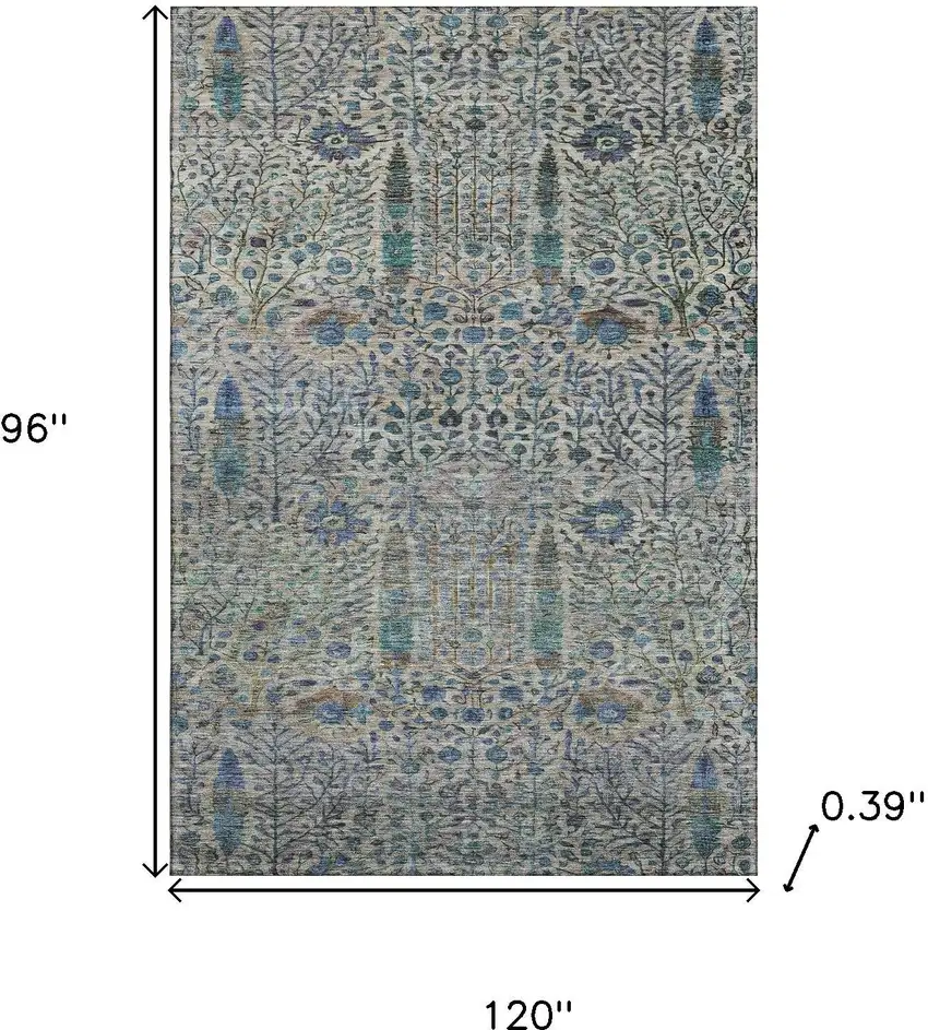 Brown And Teal Floral Vines Washable Area Rug With UV Protection Photo 9