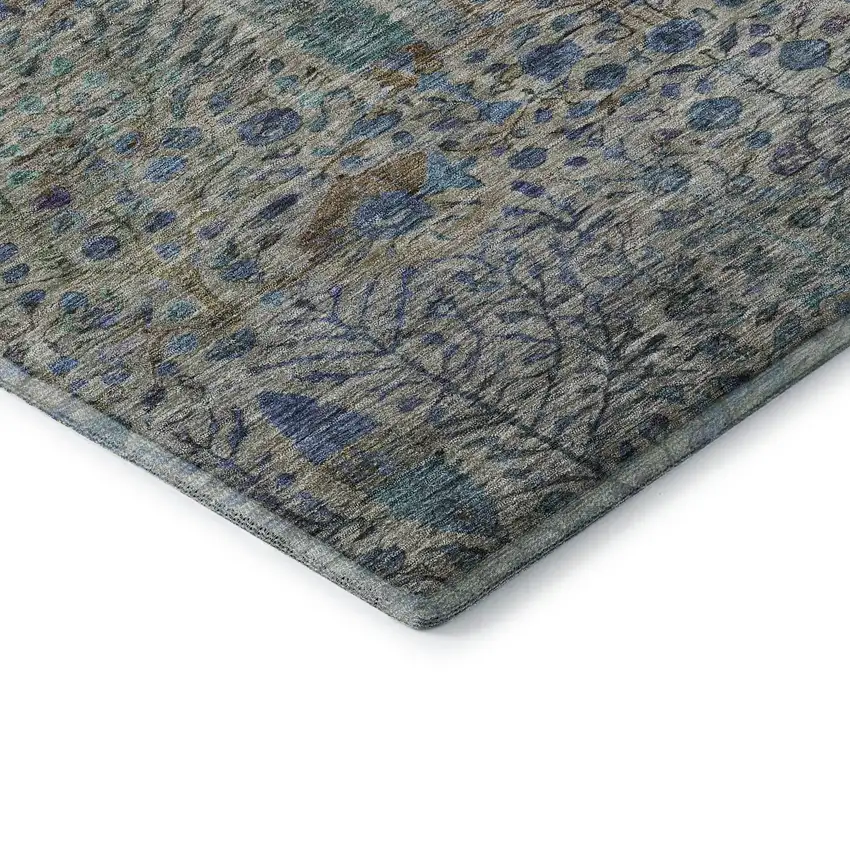 Brown And Teal Floral Vines Washable Area Rug With UV Protection Photo 6