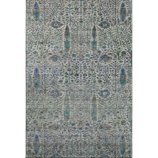 Brown And Teal Floral Vines Washable Area Rug With UV Protection Photo 1