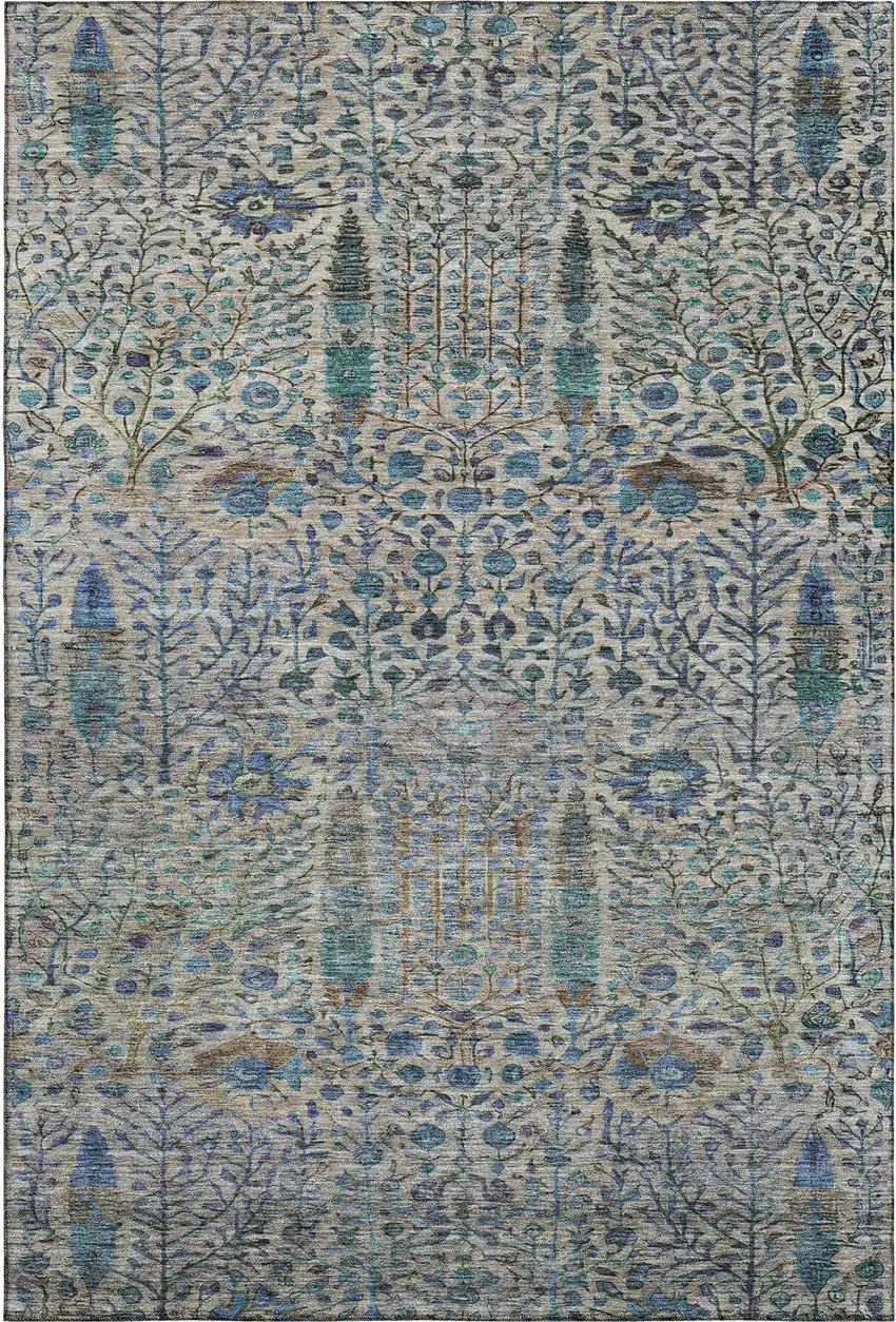 Brown And Teal Floral Vines Washable Area Rug With UV Protection Photo 1