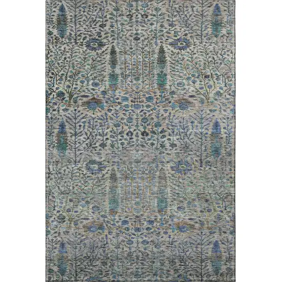Brown And Teal Floral Vines Washable Area Rug With UV Protection Photo 3