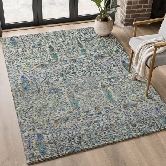 Brown And Teal Floral Vines Washable Area Rug With UV Protection Photo 4