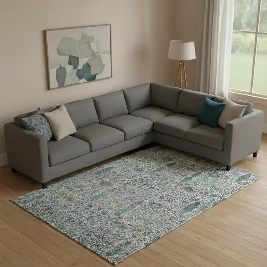 Brown And Teal Floral Vines Washable Area Rug With UV Protection Photo 2