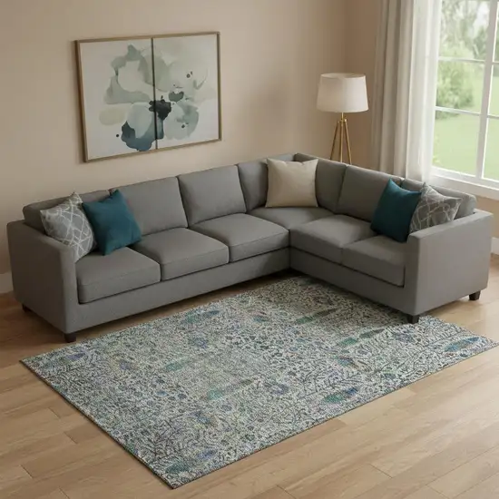 Brown And Teal Floral Vines Washable Area Rug With UV Protection Photo 2