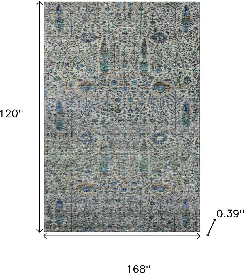 Brown And Teal Floral Vines Washable Area Rug With UV Protection Photo 9